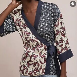Anthropologie Navy, Cream & Burgundy Mixed-Print Wrap Blouse